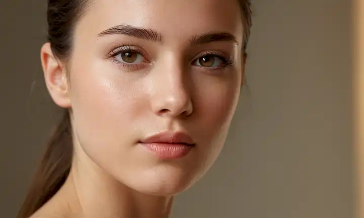 un retrato cercano de una persona con piel brillante, tez suave e hidratada, suaves expresiones faciales, sutil resaltado, iluminación suave, colores naturales, fondo serena, estilo minimalista