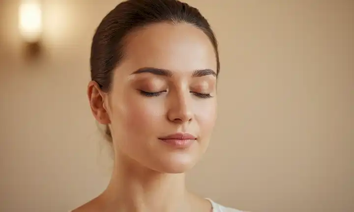 una mujer serena cara con ojos cerrados, frente suave y cuello, sonrisa suave, brillo sutil en la piel, fondo minimalista, iluminación suave, atmósfera calmante