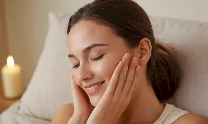 Una mujer hermosa con piel radiante, sonriendo suavemente, sus ojos cerrados en la relajación, las manos adormeciendo su cara, un brillo sutil en sus mejillas, un fondo de enfoque suave, iluminación natural de luz