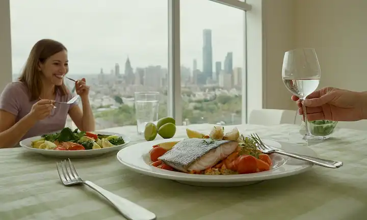 Un plato con piel de pescado, un tenedor y un cuchillo, un vaso de agua, una persona sana sonriendo en el fondo, una etiqueta nutricional en el mantel, un tenedor que recoge una piel de pescado, una cuchara que descansa cerca del cristal, una familia feliz en la distancia, un paisaje urbano sutil fuera de la ventana, un interior de cocina moderna