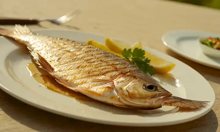 Un plato con pescado a la parrilla