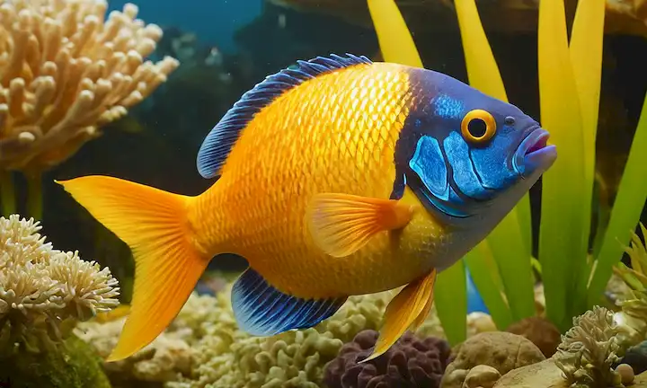 ilustración 3D, pescado con piel azul, sosteniendo una molécula de ácido graso omega-3 en su aleta, rodeada de olas, plantas acuáticas y criaturas marinas, luz amarilla cálida naranja, enfoque suave, atmósfera calmante, texturas realistas