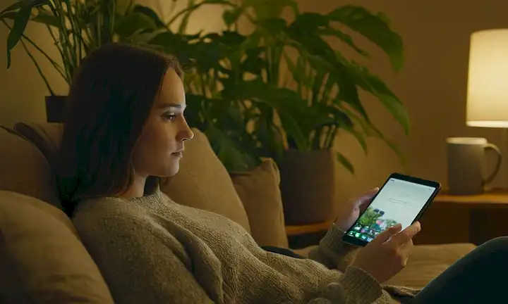 Una persona sentada en un sofá rodeada de plantas, con una cálida iluminación, con ropa cómoda, tomando una taza de café, y mirando relajada, sin embargo, manteniendo un teléfono o tableta en su mano, transmitiendo un sentido de equilibrio entre el uso de la tecnología y la interacción social