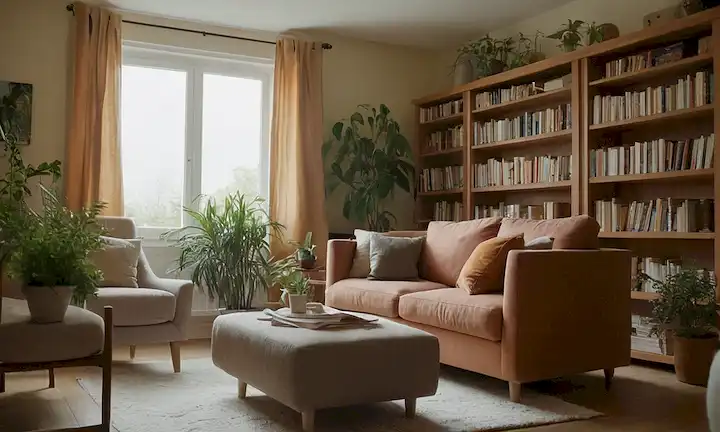 Un acogedor salón con luz natural, un cómodo sillón, una estantería llena de libros y plantas, un esquema de color cálido, un sentido de calma, serenidad y relajación
