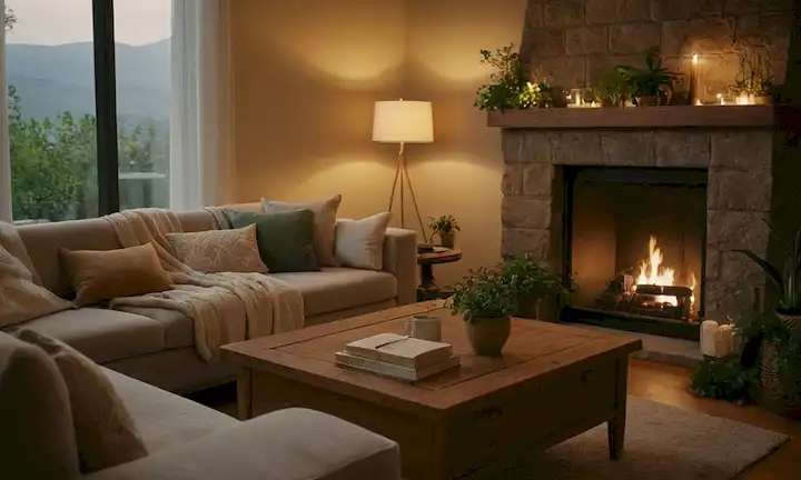 Una acogedora sala de estar con sofá, sillón y mesa de café, con una cálida iluminación, rodeada de plantas, con una chimenea en el fondo, un libro abierto en la mesa de café, una taza de bebida caliente, y unas almohadas arrojadas alrededor