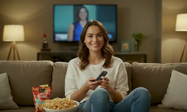 Una persona sentada en un sofá, sonriendo, usando ropa casual, sosteniendo un control remoto, rodeado de aperitivos, con un televisor jugando en el fondo; un ambiente relajado, decoración minimalista y iluminación suave