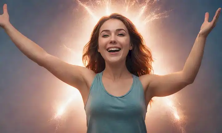 una persona de pie con confianza, con brazos extendidos, rodeado de chispas brillantes o aura de energía, con una sonrisa brillante; una explosión de luz que irradia de su cuerpo, simbolizando la fuerza interior y la positividad; un fondo elevado, con ondas suaves o nubes, sugiriendo un sentido de libertad y empoderamiento; un énfasis sutil en las personas características faciales, destacando su auto-assurance