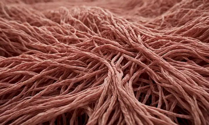 ilustración 3D de dos fibras, fibras musculares lentas y rápidas, con colores distintos o afeitadas para diferenciar, rodeadas de células musculares esqueléticas, en un estado relajado, ningún movimiento representado
