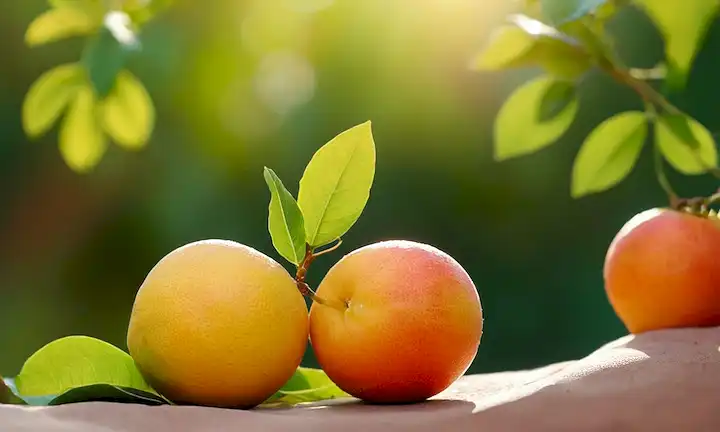 2 frutas jugosas con hojas, colores brillantes, ligero efecto borroso, luz solar de la mañana, foco suave, sombras sutiles, entorno natural, tonos terrenales