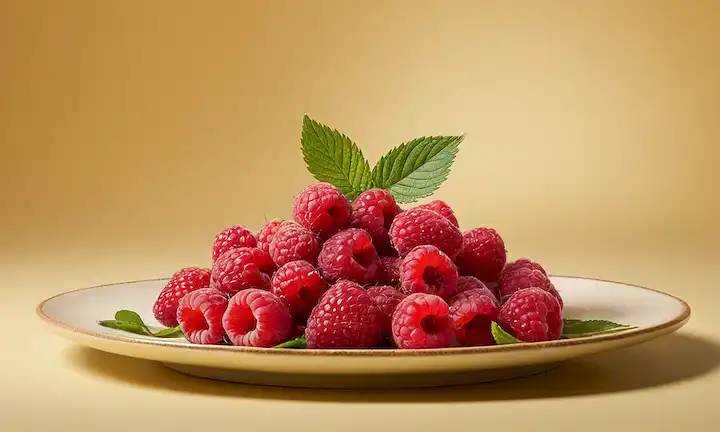 Un colorido plato de frambuesas frescas (Fresón) y fresas (Fresa) dispuestas artísticamente, con unas pocas hojas o tallos que agregan un pop de verde, contra un cálido fondo blanco o beige, destacando los frutos vibrantes colores y texturas; tal vez algunas bayas maduras ligeramente superando el borde de la placa para crear interés visual