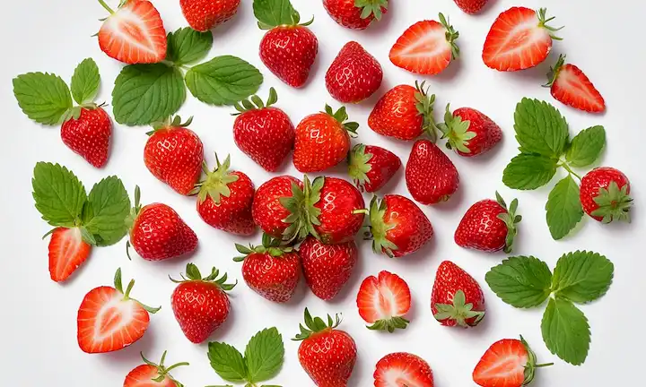 3 fresas maduras con tallos y hojas