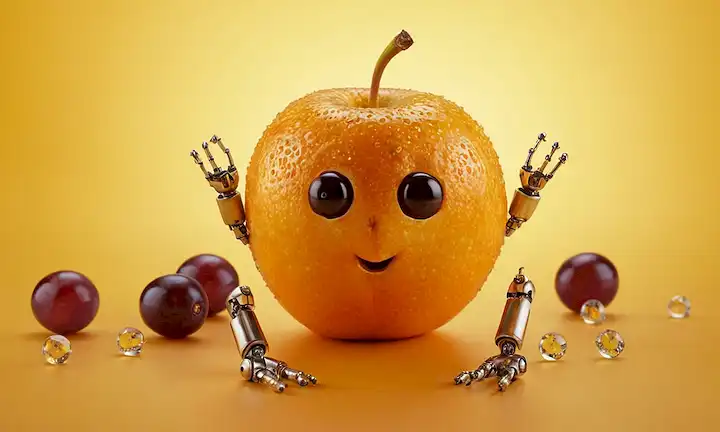Un fondo naranja vibrante con un núcleo de manzana rebanado transformado en un pequeño robot, rodeado de uvas que parecen joyas brillantes y una cáscara de plátano que se desarrolla como una flor, en medio de una textura sutil que recuerda las huellas humanas