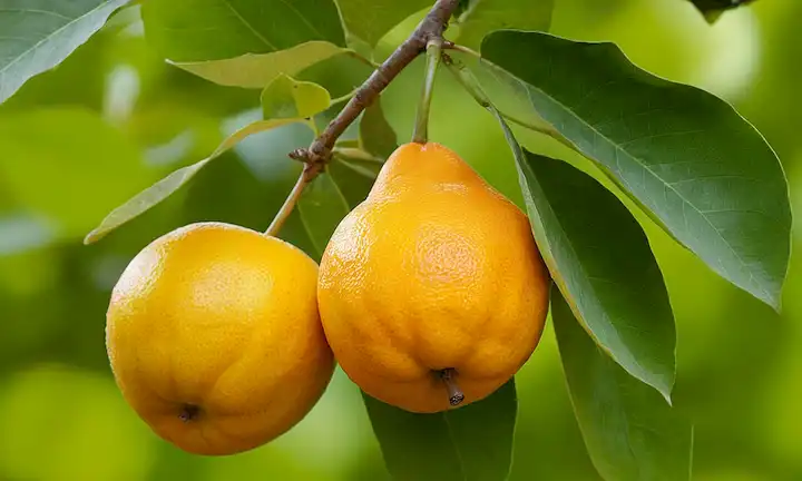 Una fruta vibrante amarillo naranja con una forma distintiva mezclando las características de pera y manzana, enmarcada en una hoja verde contrastante o fondo ramificado, mostrando su textura única y apariencia