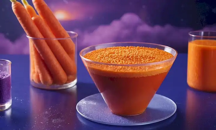 Una zanahoria naranja vibrante que crece de un plato de petri de laboratorio futurista, rodeado de tubos de prueba y calzoncillos, con código genético microscópico que se desplaza en el fondo, entre nubes giratorias de moléculas de ADN, con toques de planos y esquemáticos diseminados alrededor del borde, contra un fondo púrpura o índigo profundo