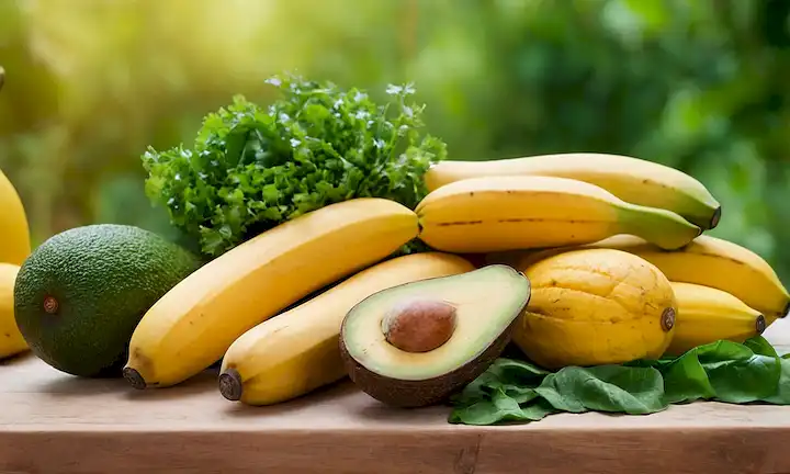 Una cálida y acogedora escena tropical con un exuberante fondo verde, con una madura tubérculo Yam con piel amarilla vibrante, rodeado de frutas coloridas como plátanos, aguacates y verdes frondosos como espinacas y lechuga, con algunas ramitas de hierbas frescas como cilantro o perejil agregando un pop de color, en contra de un gradiente sutil que evoca la sensación de sol
