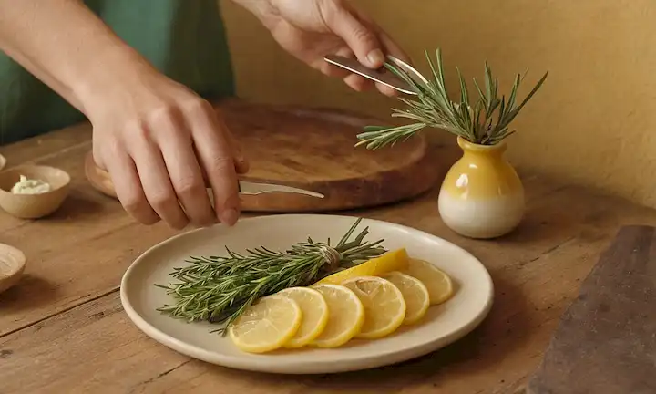 Una vibrante flor de yuca amarilla contra un fondo cálido, un plato con yuca rebanada y hierbas frescas, una mano humana que sostiene un tenedor y un cuchillo, una mesa rústica con una botella de aceite y unas cuantas frutas maduras, un ramo de romero en el lado, una piedra rústica o un tazón de cerámica lleno de piezas de yuca cortadas