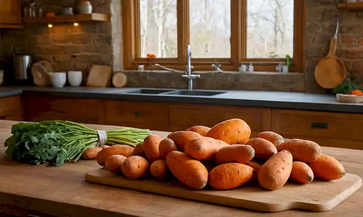 Una imagen vibrante y colorida con bañeras de yam naranja brillante, un ambiente cálido y acogedor de cocina con luz natural, posiblemente algunas verduras frescas y frutas dispersas alrededor, una mesa de madera rústica o encimera, y un toque de herramientas culinarias o utensilios en el fondo