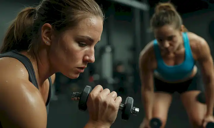 Una persona que hace cuclillas con pesos en un gimnasio, sudor goteando de su cara, músculos visibles debajo de la piel; un entrenador observando y proporcionando orientación, posiblemente manteniendo un cronómetro o temporizador, fondo borroso con colores oscuros e iluminación dim