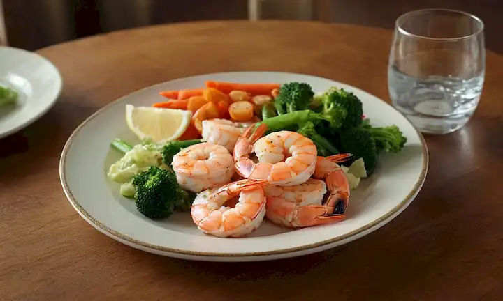 ilustración 3D de un plato con gambas vaporizadas (gambas) y verduras, como brócoli y zanahorias, servido en una mesa de madera, con un vaso de agua o una rodaja de limón en el fondo, transmitiendo una sensación de alimentación saludable y bienestar
