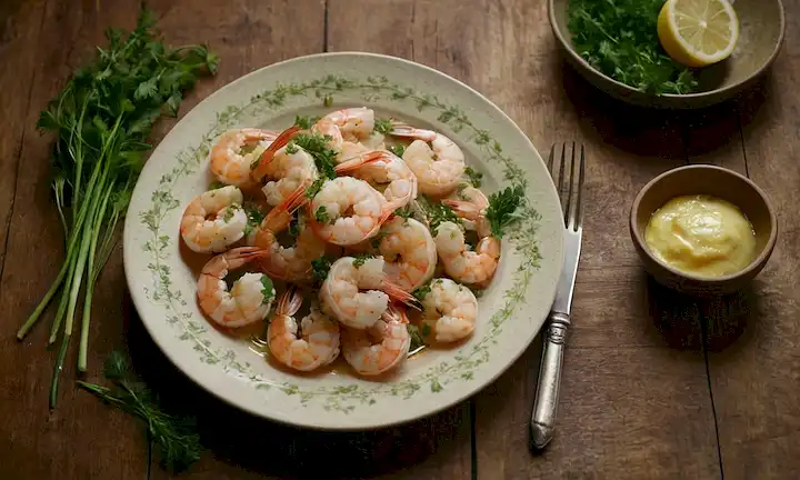 Un plato con un racimo de camarones frescos, vaporizado con hierbas, sobre una mesa de madera rústica; cerca, un vaso de cuñas de limón y un pequeño tazón de mantequilla fundida; suave y caliente iluminación desde arriba; unos pocos trozos de perejil diseminado alrededor del plato para adornar