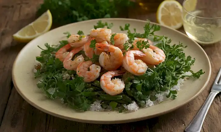 Un plato de camarones suculentos sobre una mesa de madera rústica