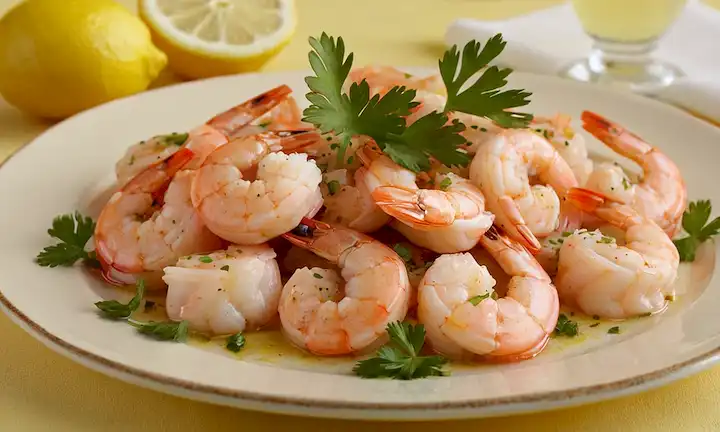 Un plato de camarones vaporizados con un fondo amarillo claro, adornado con cuñas de limón y perejil fresco, mostrando su tierna carne rosa; unos cuantos camarones se abren parcialmente para revelar sus interiores suculentos; en primer plano, un goteo de aceite de oliva dorado forma una pequeña piscina; una rocia de sal se dispersa alrededor del plato; un paño blanco o una servilleta debajo del camarón es visiblemente