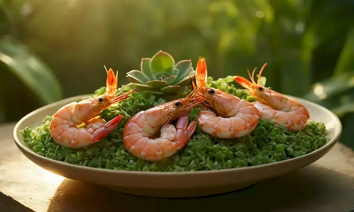 Un plato con unas cuantas gambas suculentas en él, rodeadas de exuberante vegetación, con una cálida luz dorada que brilla desde arriba, representando frescura y abundancia