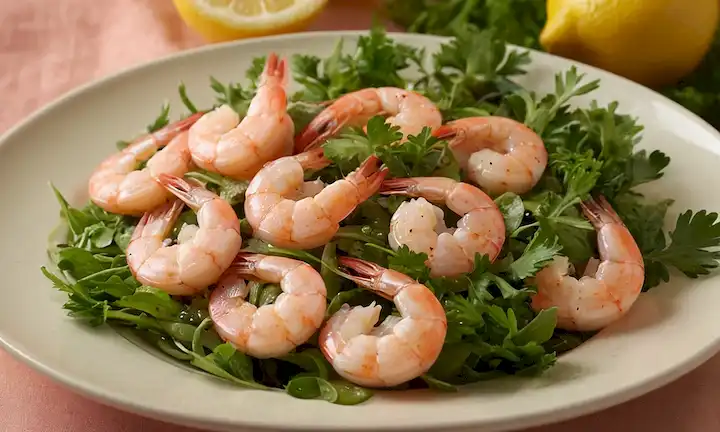 Una imagen de tono cálido y de cierre de un plato de camarones suculentos de color rosa dispuestos en una cama de verdes frondosos con unas cuantas rodajas de limón y una rejilla de perejil; una iluminación suave y dorada que arroja un resplandor suave en la escena; unas gotas de rocío o humedad que brillan en la superficie de los camarones