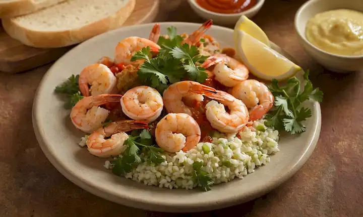 Un plato de camarones calientes suculentos y vaporosos con una variedad de salsas y adornos coloridos, como perejil fresco, cuñas de limón y panes crudos; unas cuantas cáscaras jugosas y tiernas dispersas alrededor del borde; una luz cálida y acogedora iluminando la composición; un fondo rústico con tonos terrosos que agrega profundidad y textura