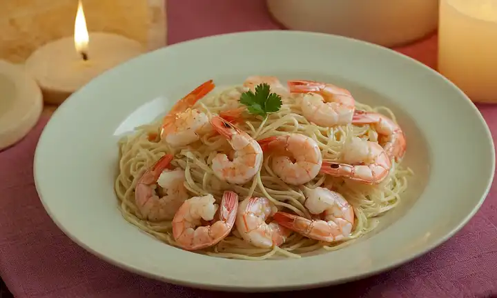 Un plato con camarones vaporizados rodeado de unas cuantas hebras de pelo brillante y varias cutículas de uñas, un vaso de agua en el fondo, y una suave fuente de luz para destacar la suavidad de las texturas, una paleta de tono cálido para evocar sentimientos de nutrición y cuidado