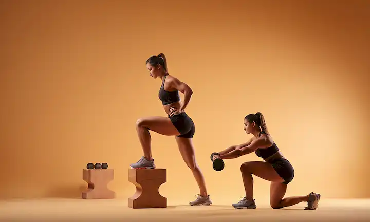 ilustración 3D de una persona que realiza escuadrones con pesos, otra que hace el becerro se eleva en un paso, y una tercera persona que estira las hamstrings en una pose dividida, rodeado de sutiles fondos gradientes, iluminación cálida y colores naturales