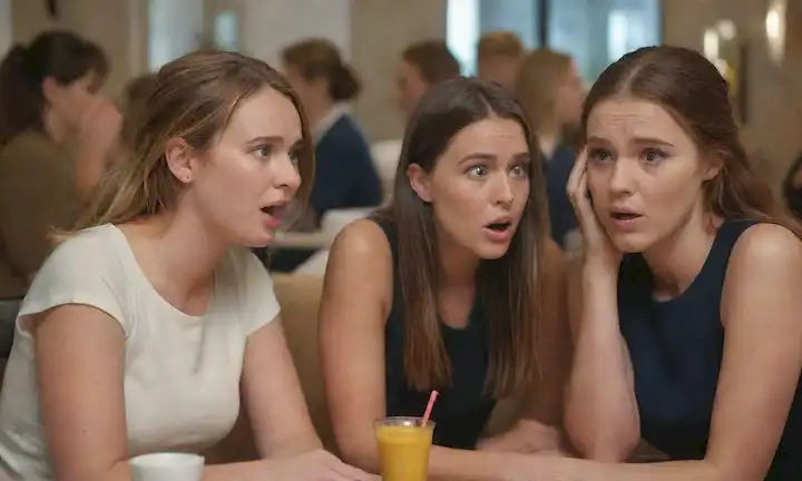 3 mujeres con diversas expresiones faciales, rodeadas de pantallas de redes sociales, chismes en una cafetería concurrida, sutiles guiones a la moda y productos de belleza, observación de personas, susurros y risitas, sutiles toques de envidia e inseguridad