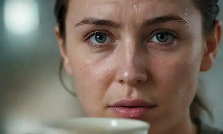 Una persona se enfrenta con un apretado agarre en la frente, una gota de sudor formando en la frente, ojos mirando hacia arriba en apuros, manos agarrando una taza o jarrón vacío, dedos entrelazados como una nariz, un fondo borroso de un ambiente caótico