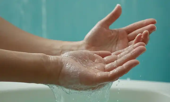 Esquía con textura granulada en brazos y piernas, manos agarrando jabón o escrubber, suave flujo de agua en el fondo, enfoque suave para resaltar áreas granos, entorno natural o ambiente hogareño, atmósfera tranquila, colores serenos