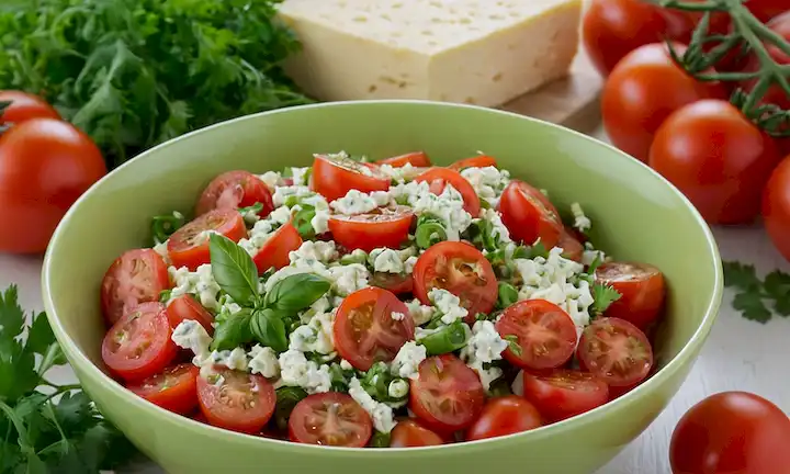 Un tazón brillante y verde lleno de crujientes grelos rizados, rodeado de rodajas de jugosos tomates rojos, queso blanco cremoso y delicados ramitas de perejil fresco