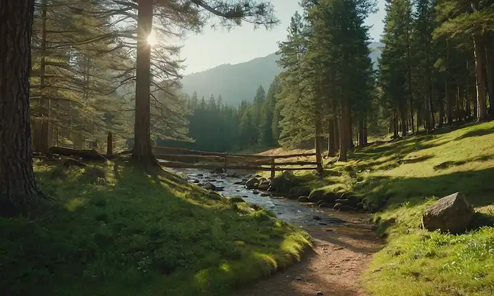Un paisaje de bosque sereno, sol filtrando a través de árboles altos, un pequeño claro con un majestuoso pino, un suave arroyo corriendo cerca, luz suave, sombras sutiles, puerta de madera rústica en el fondo, distante lado de la montaña