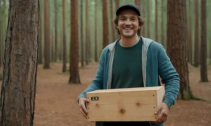 Una persona de pie con un cajón, vestida con ropa casual, al aire libre en un entorno natural, rodeada de pinos, sosteniendo un palo caminando, sonriendo con ojos dirigidos hacia un punto distante, brazos relajados a lados