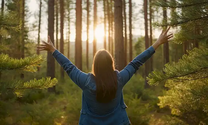 Una persona de pie con sus brazos extendidos, manos agarrando una rama de pinos, vegetación que los rodea, luz de atardecer caliente filtrando a través de los árboles, ligero movimiento y desenfoque sugiere acción dinámica