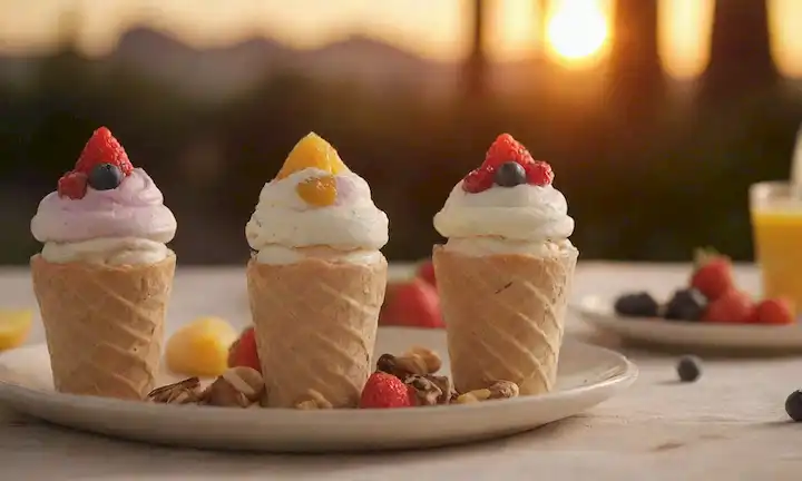 3 cucharadas de helados de yogur cremoso con toppings coloridos, un plato con frutas y nueces, un fondo con colores cálidos de puesta del sol, atmósfera lúdica y refrescante, tarros de vidrio de estilo vintage llenos de helado casero, patrones delicados en cerámica, iluminación de enfoque suave