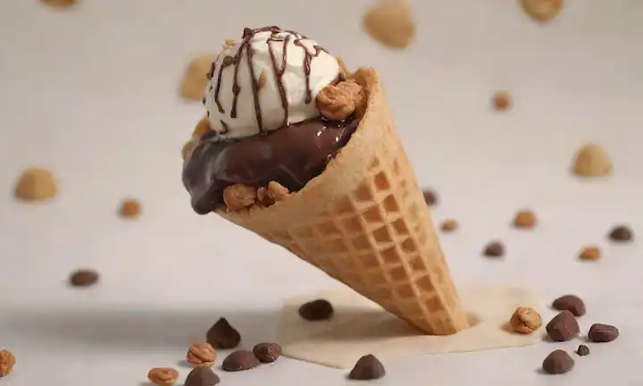 3D rendering of a creamy gelato cone, golden brown waffle cone with chocolate chips, dainty dark chocolate shavings, crunchy caramelized hazelnuts, and a drizzle of rich chocolate sauce over a bed of soft, fluffy white cotton, surrounded by delicate, hand-painted Italian ceramic tiles