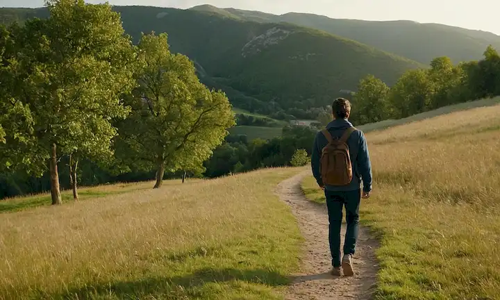 Una persona caminando al aire libre, con ropa cómoda y zapatos, con un paisaje de fondo sereno como árboles o colinas, capturando un momento en su rutina diaria, transportando relajación y calma, con iluminación suave destacando las características de los sujetos
