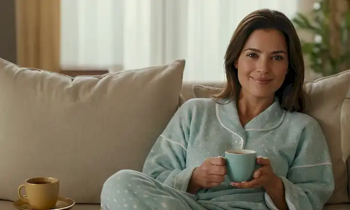 Una mujer con ojos cansados y una suave sonrisa, sentada en un sofá suave rodeado de colores calmantes, sosteniendo una taza de té caliente, usando pijamas sueltos, y masajeando sus pies, transmitiendo serenidad, relajación y dolor sutil