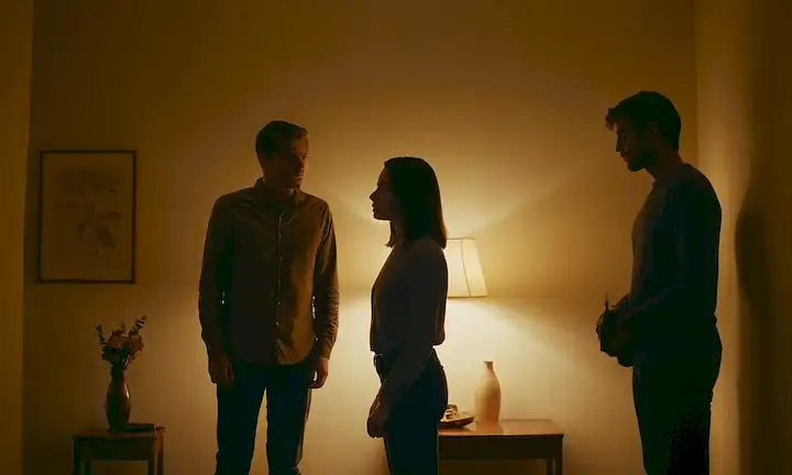 2 personas de pie en una habitación muy iluminada, sombras que arrojan un brillo extraño en sus rostros, con sutiles indicios de una relación que se ha vuelto amarga, como una pequeña grieta en un jarrón roto o una fotografía rota
