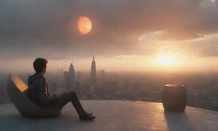 ilustración 3D con un futurista paisaje urbano al atardecer, con una nave espacial aterrizando a la distancia, una persona sentada en una azotea con una expresión confusa, y un orbe resplandeciente sobre la escena, rodeado de nubes falsas