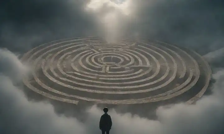 Una persona rodeada de nubes giratorias, sintiéndose abrumada y atascada; un laberinto en el fondo sin camino claro hacia adelante; una fuente de luz débil iluminando el camino por delante; un sutil indicio de caos en las esquinas; un sentido de incertidumbre y ansiedad irradiando de la figura;