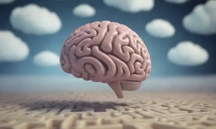 ilustración 3D de un cerebro de personas con nubes, un laberinto y piezas de rompecabezas para transmitir indecisión, rodeado de flechas giratorias y burbujas de pensamiento, en medio de un fondo borroso con toques de incertidumbre