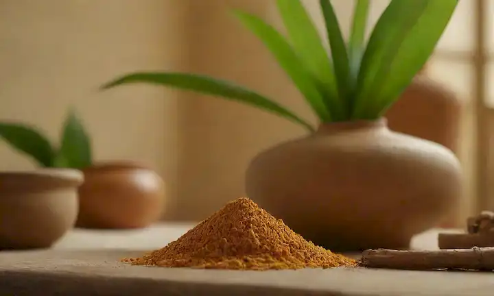 raíces, hojas y rinocerontes, cúrcuma y otros componentes herbarios; luz cálida, dorada, tonos terrenales; arquitectura de inspiración asiática o una configuración de medicina tradicional; aromaterapia esencial como palos de incienso o aceites esenciales; ambiente calmante, acogedor con texturas y patrones sutiles