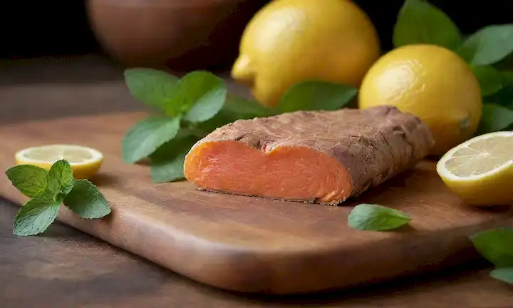 Una vibrante rodaja de raíz de jengibre naranja en una tabla de corte rústica de madera, rodeada de hojas de menta frescas y limones rebanados, con un toque de vapor que se eleva desde la parte superior para transmitir calidez y propiedades aromáticas