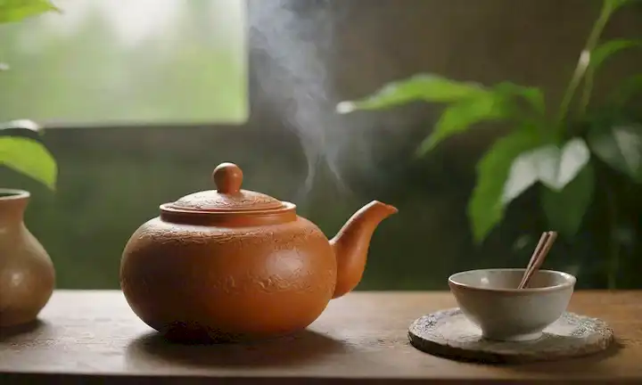 Una raíz naranja brillante con patrones intrincados, enclavada entre hojas y vides verdes exuberantes; una tetera de vapor en el fondo con aromas de mal gusto girando alrededor de ella; un par de palillos que sostienen una rodaja de jengibre; una luz caliente que brilla de una cuchara de madera descansando en una mesa rústica