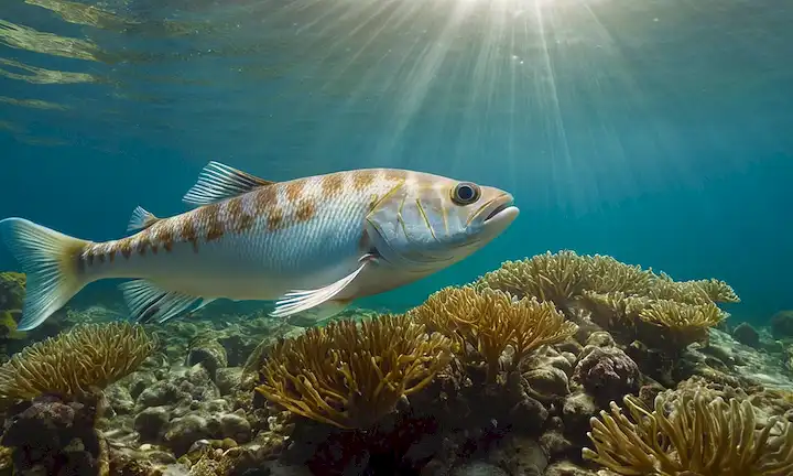 Pescado con piel enriquecida omega-3, escamas brillantes y huesos fuertes; peces de aspecto saludable nadando en un océano claro, rodeado de algas exuberantes, con rayos solares que reflejan en el agua; una estructura esqueleto de peces destacada con colores vibrantes para ilustrar sus beneficios para la salud ósea